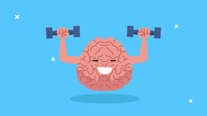 mental health animation with brain lifting dumbbells character ,4k video animated Royalty-Free Stock Footage #1059642620