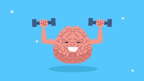 mental health animation with brain lifting dumbbells character ,4k video animated