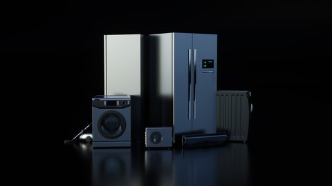 3D rendering of household equipment . Refrigerator, washing machine, microwave, oven and vacuum cleaner.