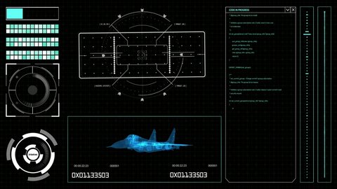 Futuristic HUD elements on a computer display with military plane scheme, navigation system and code on a screen. Hitech Illustration