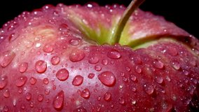 Close-up of a red-green apple with water droplets macro shot. The apple rotates around its axis on a black background. - Powered by Shutterstock - Get 15% off with code: PIKWIZARD15