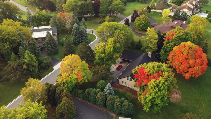 Aerial drone view of American suburban neighborhood. Establishing shot of America's  suburb. Residential single family houses, trees. Autumn colors, Fall season, trees with yellow red foliage Royalty-Free Stock Footage #1059649556