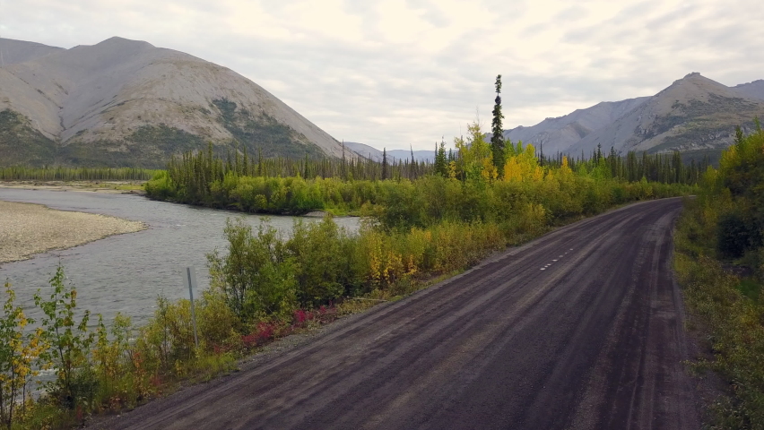 Dempster Hwy, Yukon territory.
Aerial view of Ogilvie river and the gravel road.