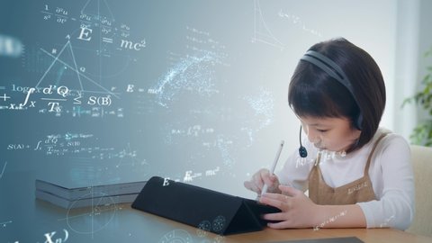 Asian little girl taking online class. Education technology. Edtech.