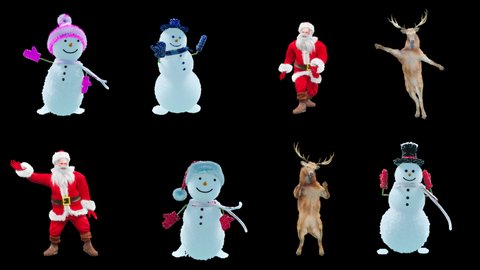 Merry christmas and happy new year, 3d rendering, Snowman, Deer,  santa claus Dancing, Animation Loop, cartoon,with Alpha Channel.