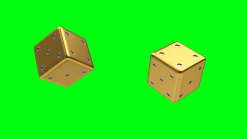3D animation of rotation of two golden dice isolated on a green screen. 4K resolution