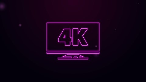 Glowing neon line Screen tv with 4k Ultra HD video technology icon isolated on purple background. 4K Video motion graphic animation
