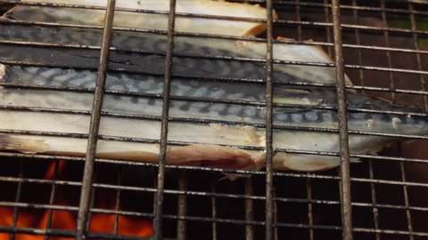 Close-up of a delicious white Mackerel fish roasting and flipping on the barbeque grill with the open fire