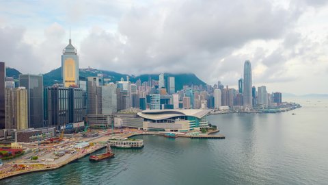 aerial view hyperlapse 4k footage of Victoria Harbour in Hong Kong. hyper lapse in hong kong city.