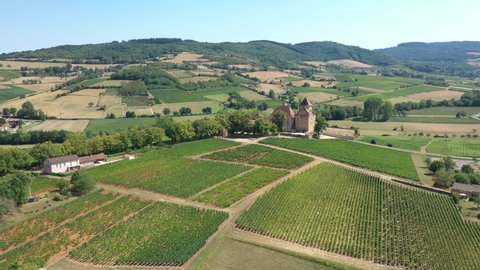 Vineyards and Pierreclos castle in French Mâconnais countryside, near Mâcon, drone aerial view