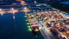 Time lapse Container , container ship in export and import business and logistics. Shipping cargo to harbor by crane. Water transport International. Aerial view and top view. - Powered by Shutterstock - Get 15% off with code: PIKWIZARD15