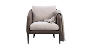 Circular animation of modern leather armchair with textile cushions. Fabric upholstery armchair with plaid on white background. Mid-century, Loft, Chalet, Scandinavian interior. 3d render - Powered by Shutterstock - Get 15% off with code: PIKWIZARD15