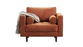 Circular animation of mid-century fabric armchair. Velvet upholstery armchair with knitted plaid on white background. Mid-century, Loft, Chalet, Scandinavian interior. 3d render - Powered by Shutterstock - Get 15% off with code: PIKWIZARD15