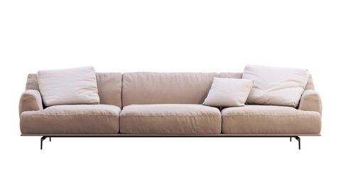 Circular animation of modern beige fabric sofa. Textile upholstery sofa with pillows and throw on white background. Mid-century, Modern, Loft, Chalet, Scandinavian interior. Turntable 3d render