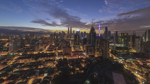 Time lapse: Kuala Lumpur city view during dawn overlooking the city skyline in Federal Territory, Malaysia. Zoom in motion timelapse. Prores 4KUHD