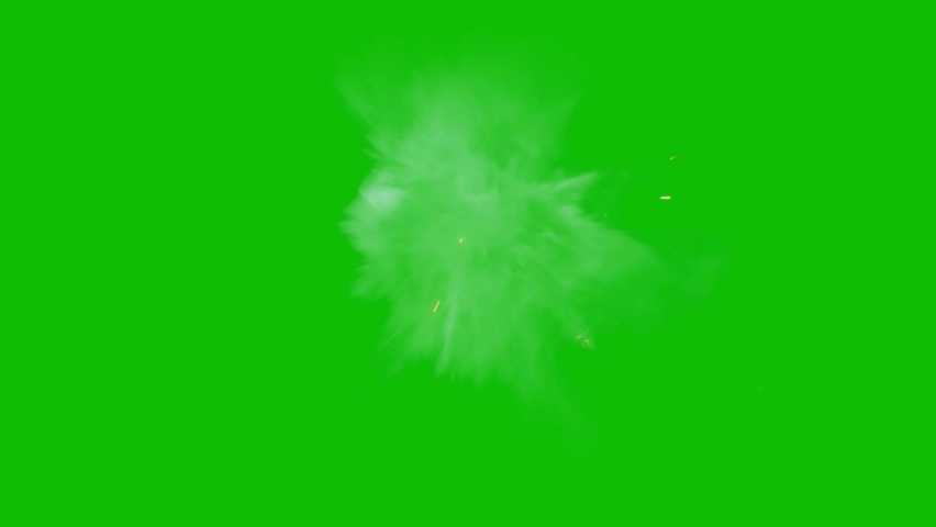 Dusty bullet hits on a wall with chunks of debris flying out . Powder explosion on green screen background.Impact dust particles. Dust explosion in front of black background, slow-motion close up. VFX Royalty-Free Stock Footage #1059701471