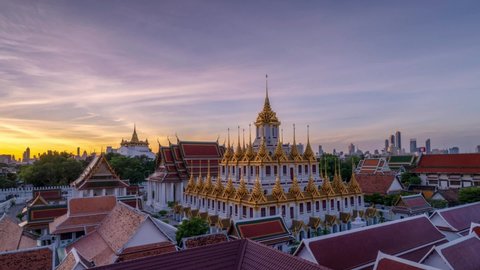 BANGKOK, THAILAND - September 27: Morning sky at Loha Prasat Wat Ratchanatda, Bangkok, Thailand on September 27, 2020