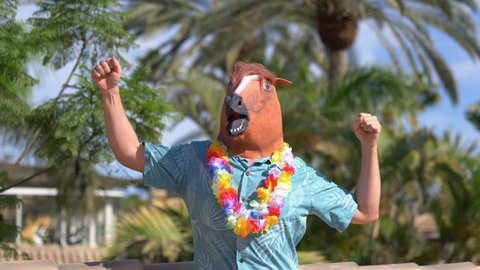 Happiness in a horse mask in 4k slow motion 60fps
