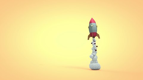 3D animation in the style of low poly. A space rocket takes off and falls to the ground.