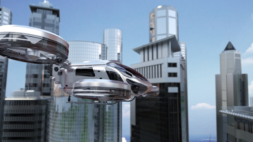 Drone taxi flying between buildings in city with user interface monitoring shot, Future transportation technology, 4k animation. Royalty-Free Stock Footage #1059709793