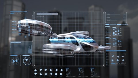 Drone taxi flying between buildings in city with user interface monitoring shot, Future transportation technology, 4k animation.