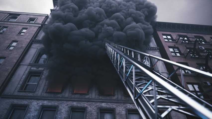 Ladder in smoke from burning building. Fire ladder in black smoke. Black, dense smoke