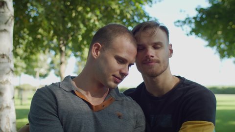 Chatting beautiful homosexual couple at romantic date sitting on park bench, enjoying moments of closeness and gently kissing, showing love, passion and tenderness while relaxing in summer nature.