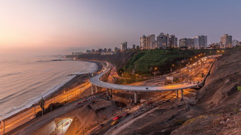 Aerial panoramic view of Lima's Coastline in the neighborhood of Miraflores day to night transition timelapse, Lima, Peru. Road traffic with junction and beach with ocean from Husares De Junin