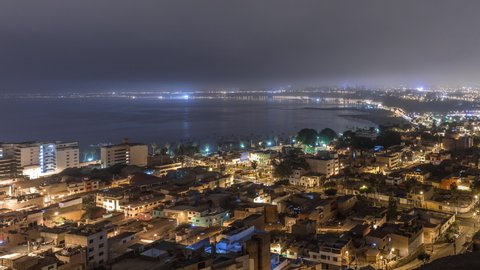 Panoramic skyline of Lima city from above with many buildings aerial night to day transition timelapse from hill. Poor houses with hills on a background. Traffic on a road near coastline. Lima, Peru