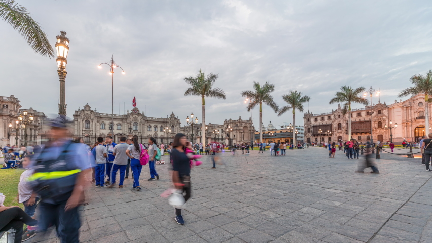 Palacio de Gobierno or The Government Palace also known as House of Pizarro day to night timelapse on plaza mayor. It is the seat of the executive branch of the Peruvian Government and the official