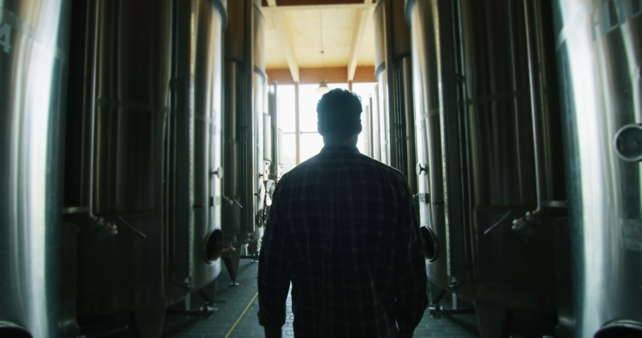 A happy successful farmer or winemaker is walking in the middle of wine tanks and checking a fermentation grade of high quality wine production in a modern winemaking facility or winery. Royalty-Free Stock Footage #1059713132