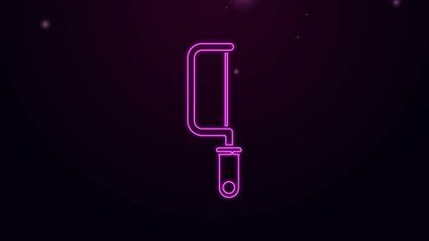 Glowing neon line Hacksaw icon isolated on purple background. Metal saw for wood and metal. 4K Video motion graphic animation
