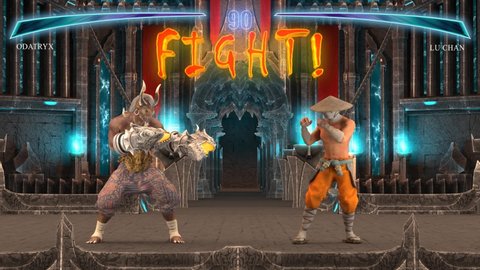 Fighting Video Game Part I: Beginning. Fantastic Duel Game Between Two Warriors In The Scenery Of A Gloomy Castle