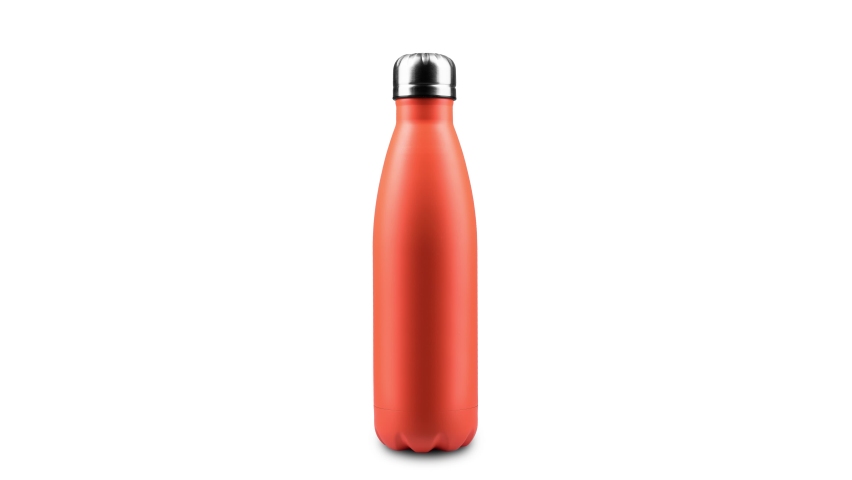 Stop motion concept. Reusable steel thermo water bottles isolated on white background. Lush Lava, Aqua Menthe, Phantom Blue; Colors of 2020. Royalty-Free Stock Footage #1059717593
