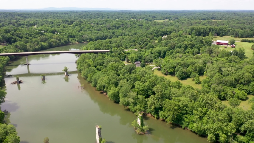 Turning aerial view over the Potomac River, Shepherdstown, WV and Maryland.