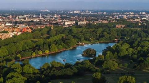 Aerial View Shot of London UK, The Serpentine Lake in Hyde Park, United Kingdom