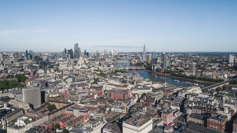 Establishing Aerial View Shot of London UK, whole city skyline, United Kingdom, clear day