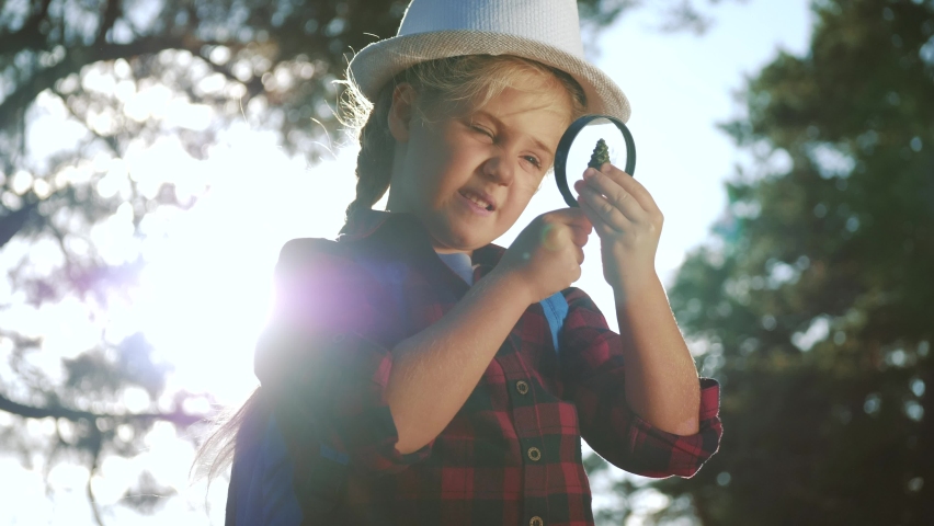 Kid tourist examines pine cone with a magnifying glass in park. travel tourism adventure concept. little kid dream boyscout girl with backpack studies nature plant looks through magnifying glass | Shutterstock HD Video #1059724970