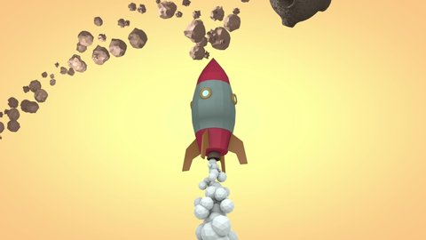 3D animation of a space rocket that takes off and rises to planets and asteroids.