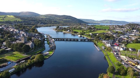 Aerial view over Killaloe and Ballina. A magnificent location on the banks of the River Shannon. Two heritage towns situated on the south end of Lough Derg separated by a narrow 13 arched stone bridge