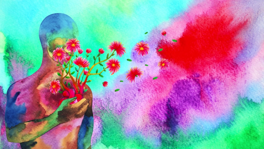 human red heart healing flower flow in universe love spiritual mind mental health chakra power abstract soul art watercolor painting illustration design drawing stop motion ultra hd 4k animation Royalty-Free Stock Footage #1059727340