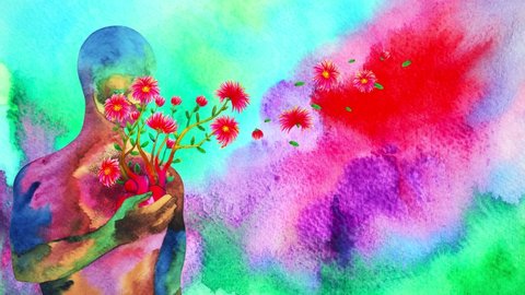 human red heart healing flower flow in universe love spiritual mind mental health chakra power abstract soul art watercolor painting illustration design drawing stop motion ultra hd 4k animation