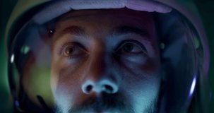 Astronaut With Helmet During Spaceflight Technology Travel Exploration and Planet Colonization Concept Close Up Shot Of Young Pilot Observing Outer Space Modern Man Red 8k