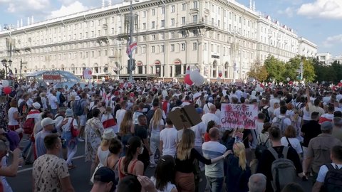 Minsk, Belarus - 08/16/2020: Column of Peaceful protest demonstration