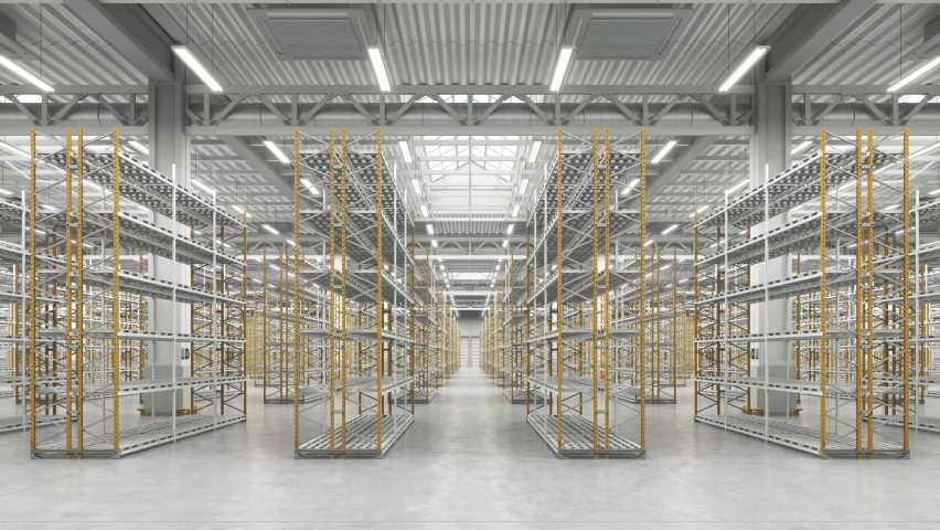 Bright warehouse interior hall with empty shelves. Camera horizontal infinite move in empty storage room. Empty industrial interior hall looping animation. Endless logistic distribution interior room. Royalty-Free Stock Footage #1059739130