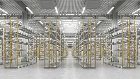 Bright warehouse interior hall with empty shelves. Camera horizontal infinite move in empty storage room. Empty industrial interior hall looping animation. Endless logistic distribution interior room.