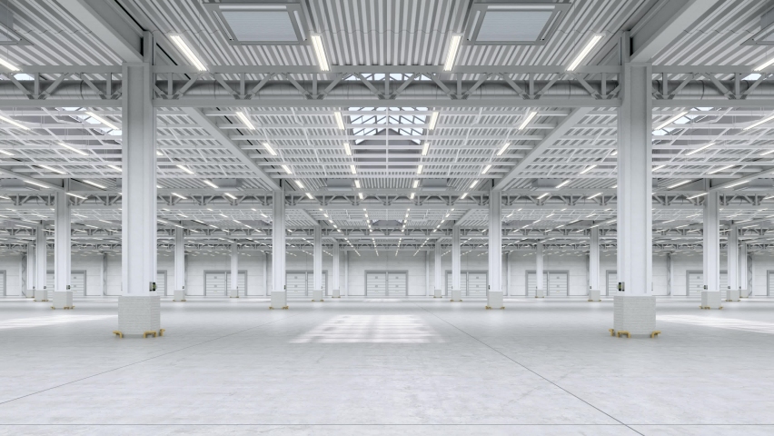 Bright empty warehouse interior hall. Camera horizontal infinite move in empty storage room. Empty industrial interior hall looping animation. Endless logistic distribution interior room with gates. | Shutterstock HD Video #1059739199