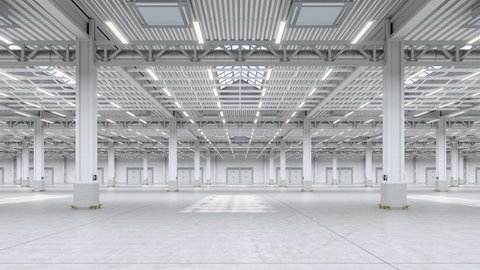 Bright empty warehouse interior hall. Camera horizontal infinite move in empty storage room. Empty industrial interior hall looping animation. Endless logistic distribution interior room with gates.