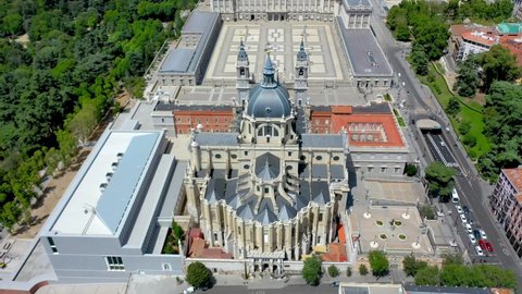 Aerial View Royal Palace In Madrid, Spain in summer time.