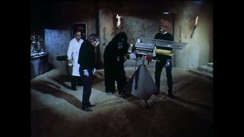 CIRCA 1965 - In this horror comedy, a mad scientist invites his gorilla, wolfman, and hunchback assistants kidnaps a girl.
